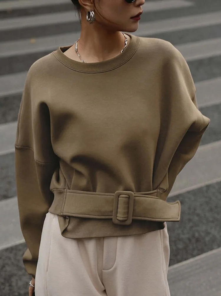 

Uoozee Women Fashion Casual Belt Buckle Sweatshirt 2025 New Spring Long Sleeves Loose Solid Color Office Trendy Hoodies Tops