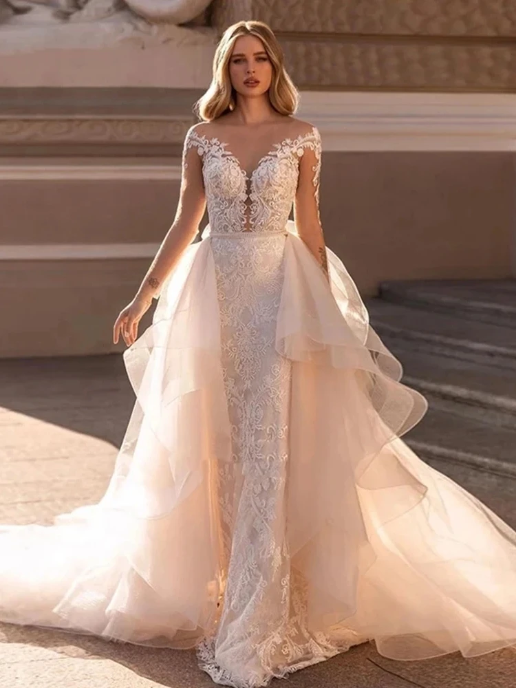 Exquisite Wedding Dresses With Detachable Train V-Neck Bridal Gowns Lace Appliques Full Sleeves Robes Illusion Vestidos De Novia