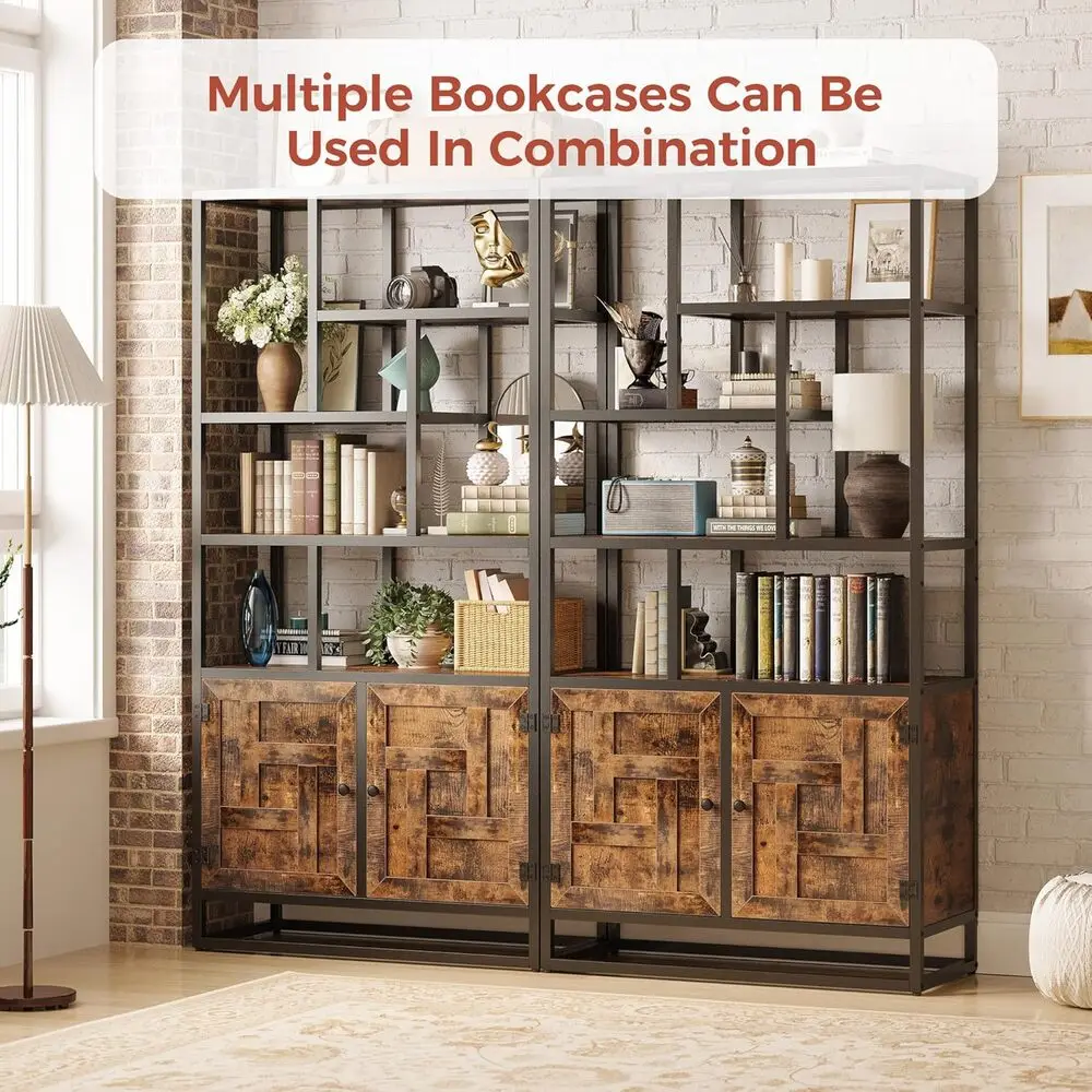 أرفف كتب وخزائن كتب من IRONCK، رف كتب عريض 35.4 بوصة مع أبواب، رف كتب طويل 6 طبقات هندسي مع خزانة تخزين #3