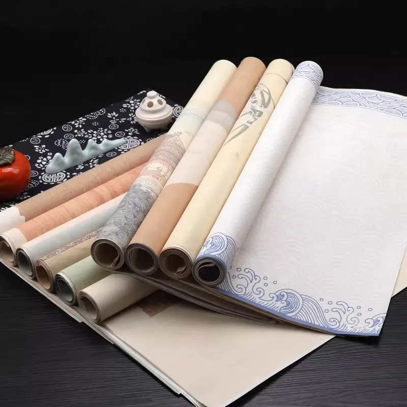 5Pcs Chinese Calligraphy Paper Set, Antique Batik Half-raw Rice Paper Scrolls for Xingshu Running Script Brush Writing Art