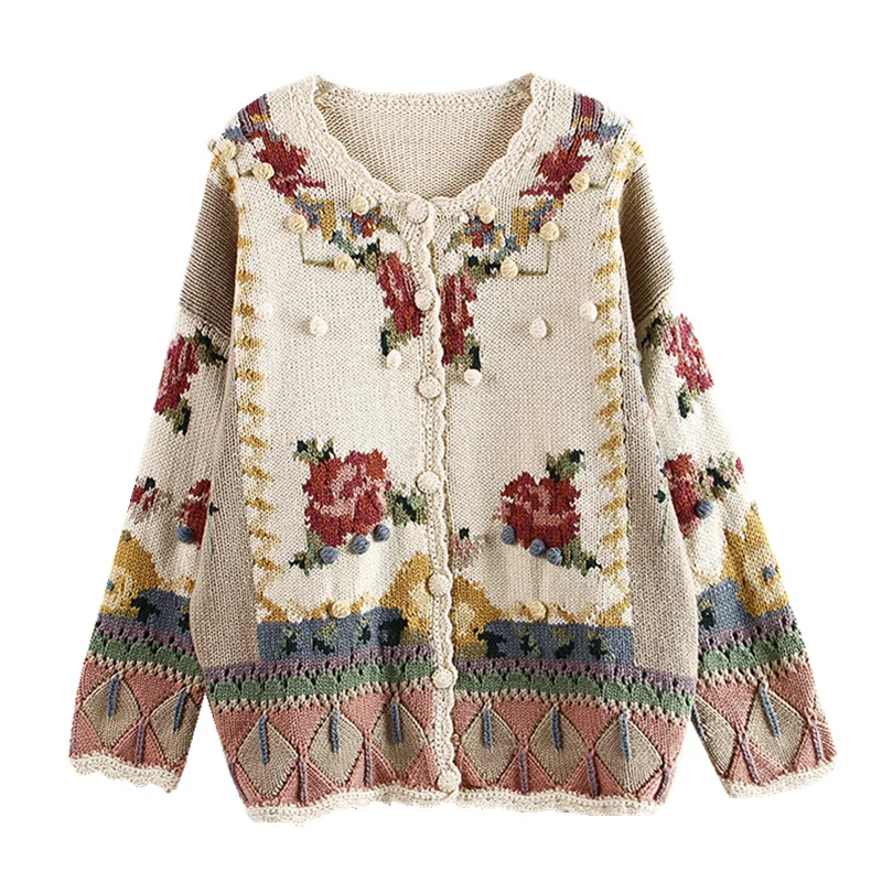 

Handmade Knitted Rose Fairy Pure Wool Loose Women's Sweater Cardigan Sweet Lazy Sle Plant Floral Pattern Low round Ne Button