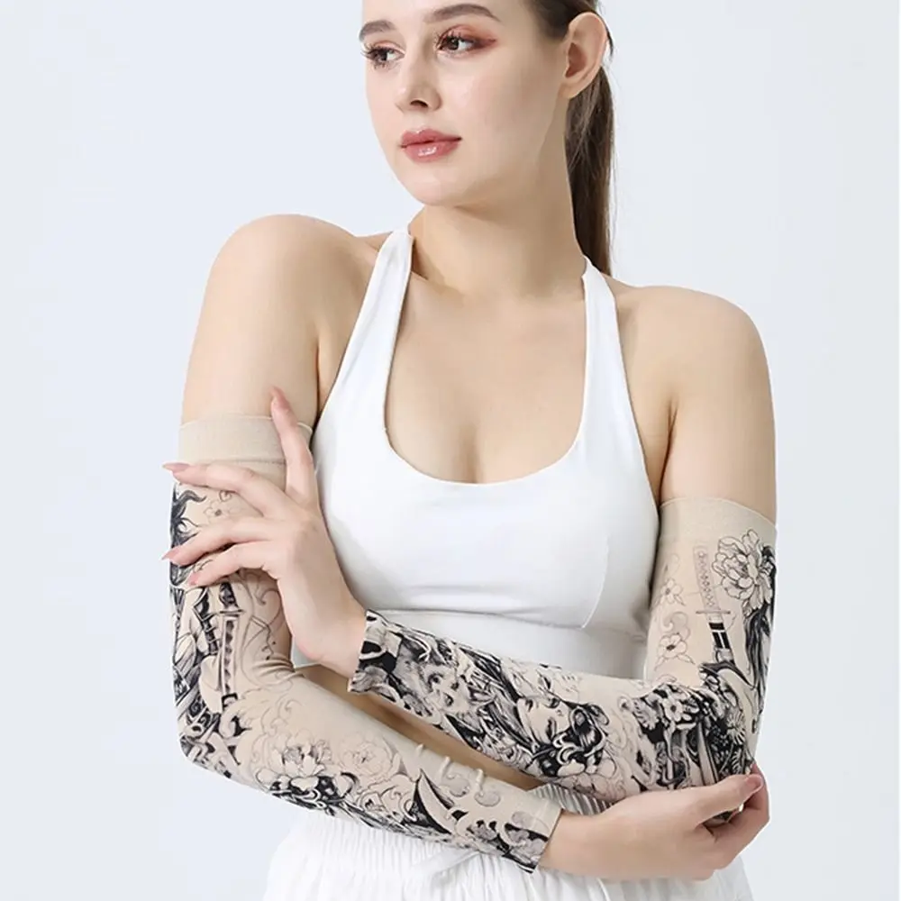 1Pair Tattood Ice Sleeve Flower Arm Seamless Ice Silk Sunscreen Sleeve Sleeve Arm Cover Riding Outdoor Arm Protection Men Women