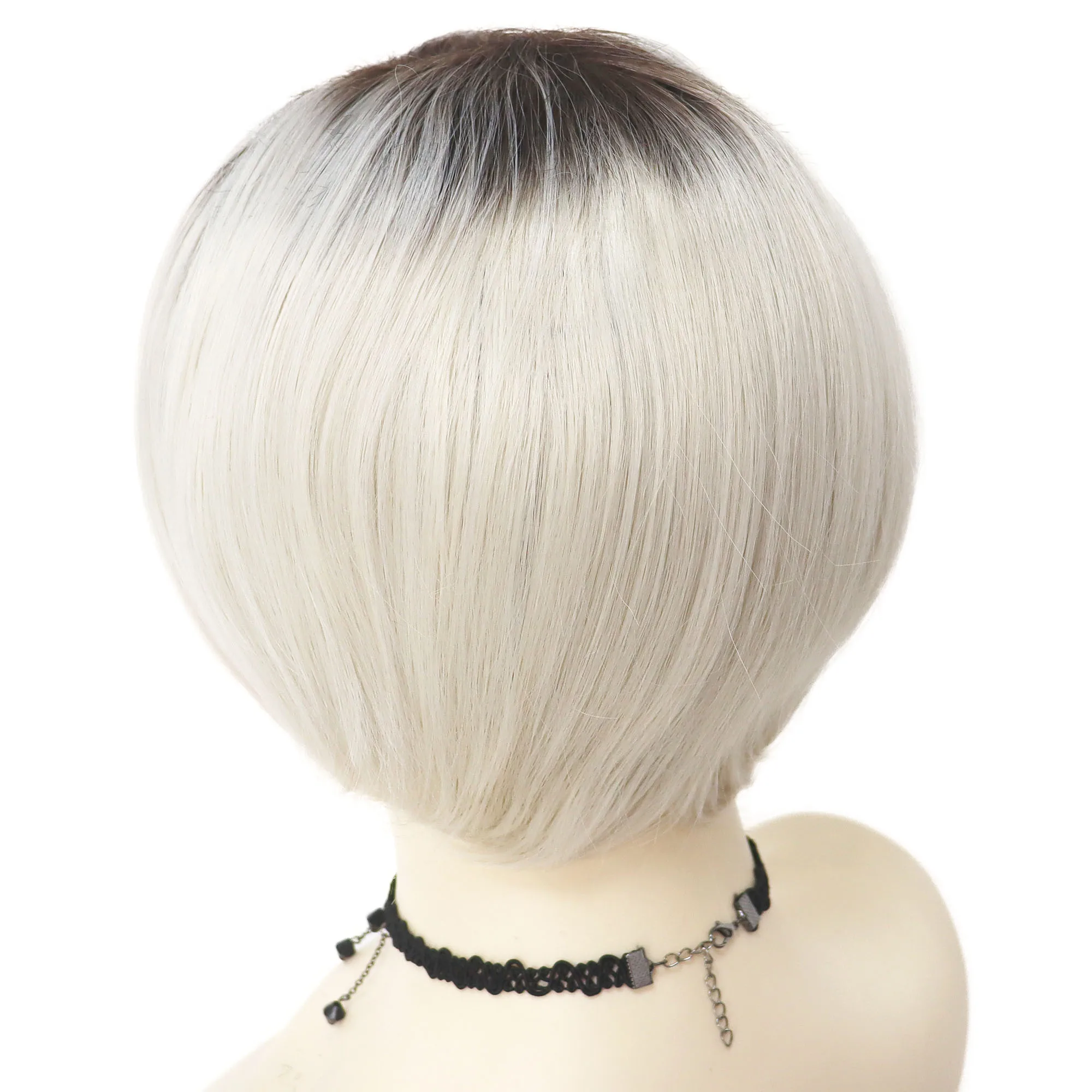 Synthetic Hair Short Bob Wig with Bangs Female Wigs Natural Ombre Color Silver Grey Black Roots Pixie Cuts Bobs Straight Wigs