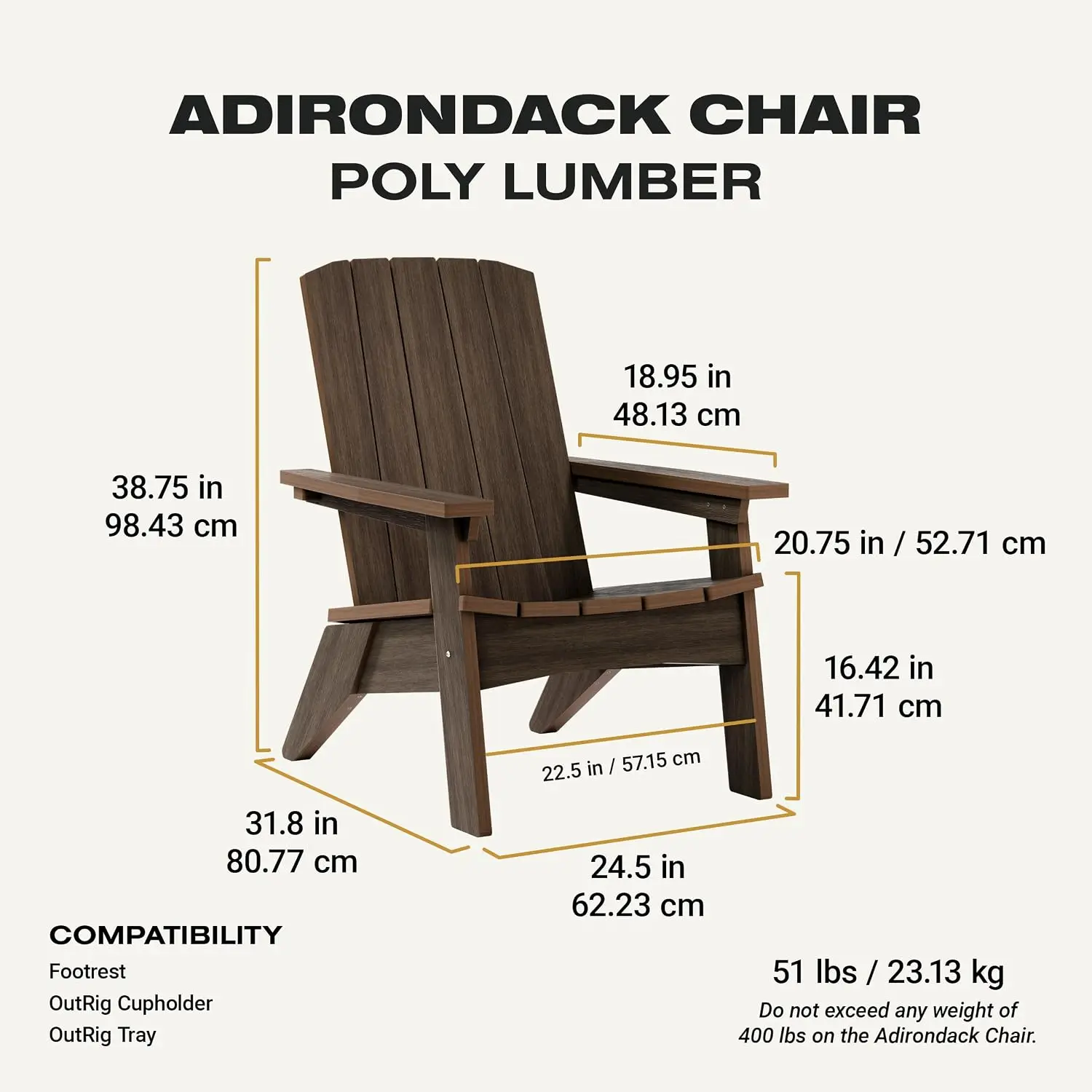 Poly Lumber Adirondack Chair, Weather-Resistant Fire Pit Seating, Brazilian Walnut Finish, Customized