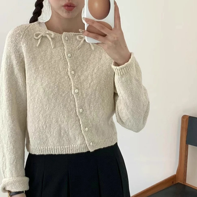 New Sweet Women Sweater Korean Bow Kawaii Female Casual Cardigan Autumn Preppy Style Skew Button O Neck Ladies Crop Tops