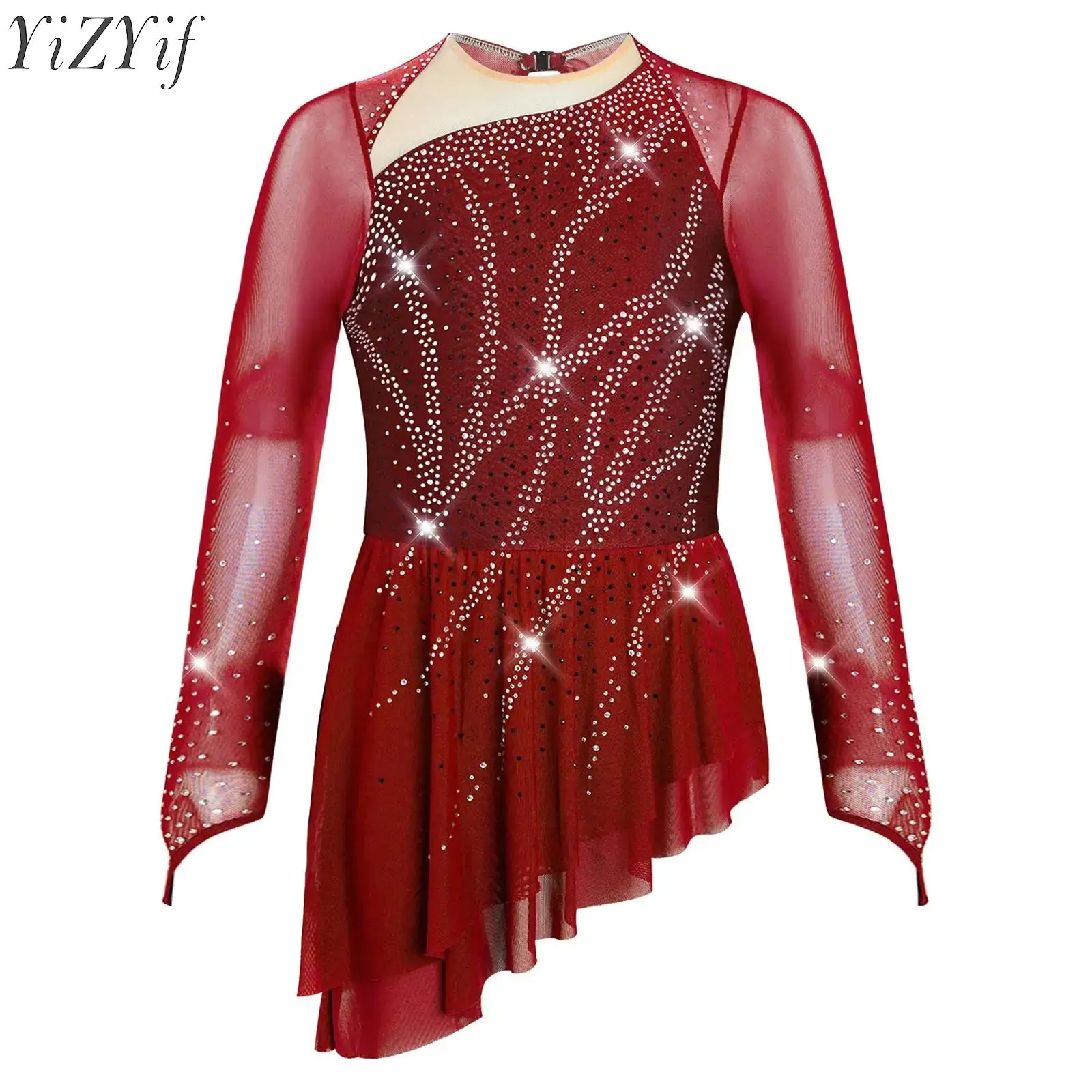 

Kids Girls Ballet Lyrical Dance Dress Long Sleeve Cutout Back Rhinestones Gymnstics Leotard for Figure Skating Stage Performance