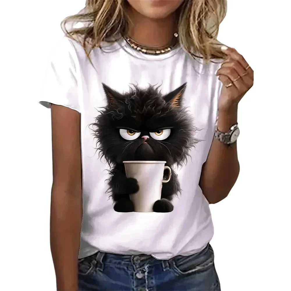 Camiseta con estampado blanco de gato divertido para mujer, Top informal Harajuku de manga corta con cuello redondo para verano, ropa de animales para mujer