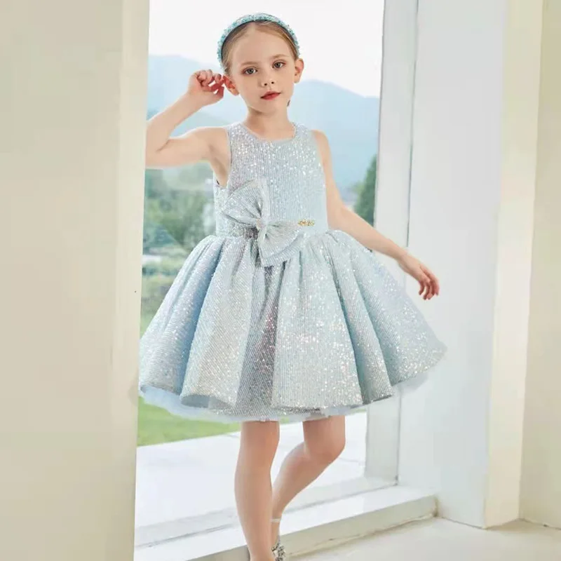 High Quality Baby Girls Princess Dress Bow Knot Luxury Shiny Blue Little Kids Birthday Wedding Party Nightgown