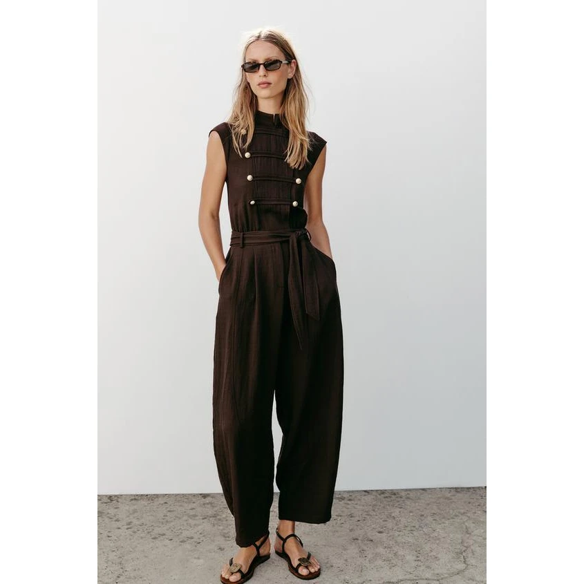 Fashionable Versatile Belted Knot Waist Belt Sleeveless Jumpsuit ZR Wind Women's Clothing Straight Leg Long Pants Polyester F...