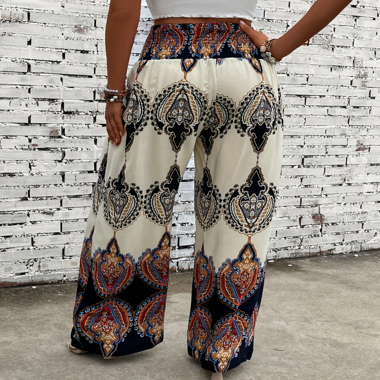 Pantalones con estampado gráfico étnico, pantalones de pierna ancha con cintura fruncida, ropa de mujer