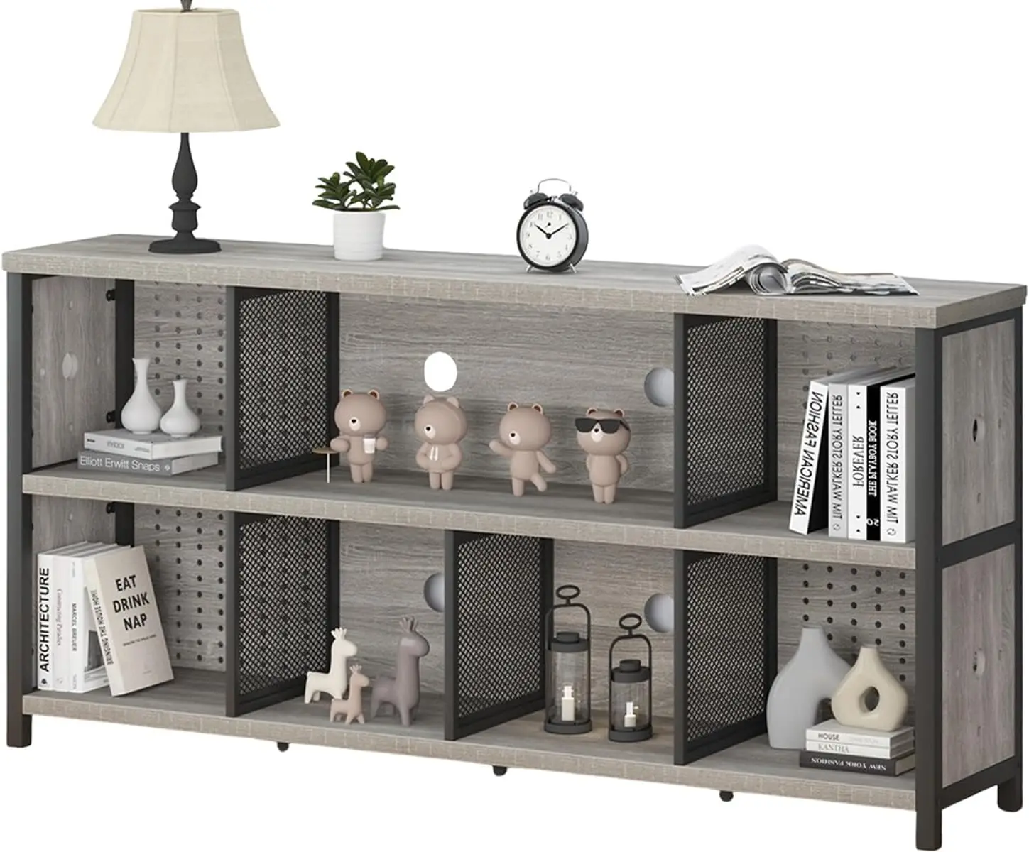 Industrial 4 5 6 7 8 Cube Bookcase, Rustic Wood Metal Horizontal Bookshelf for Office Bedroom Living Room, Light Grey Oak 63 In