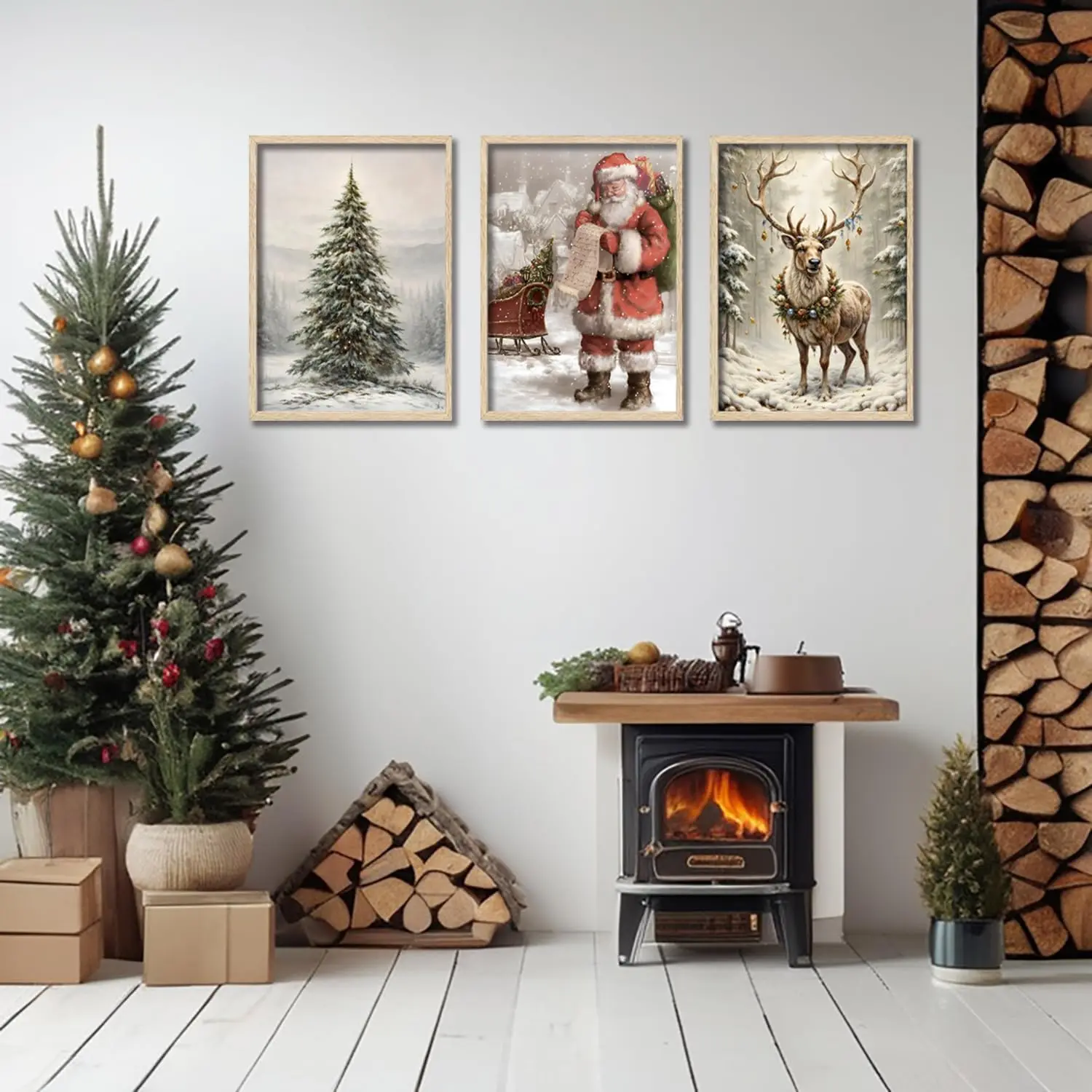 3PCS frameless decorative art print,3pcs/set Retro Canvas Wall Art Snow Scene Santa Claus Christmas Tree Reindeer Winter Posters