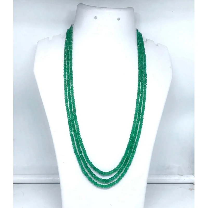 Emerald Necklace 3 Line 4-5mm Faceted Beads 20 Inch Natural Green Gemstone