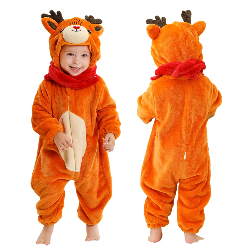 MICHLEY Christmas Elk Baby Rompers Winter Hooded Flannel Toddler Infant Clothes Overall Bodysuits Jumpsuit Costume For Kids