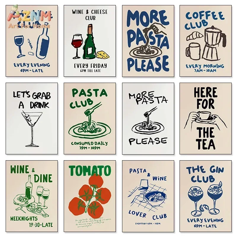 AZNM Retro Food Drink Canvas Wall Art Wine Pasta Coffee Hand Drawn Print Frameless Canvas Painting Kitchen Dining Room Decor Pos