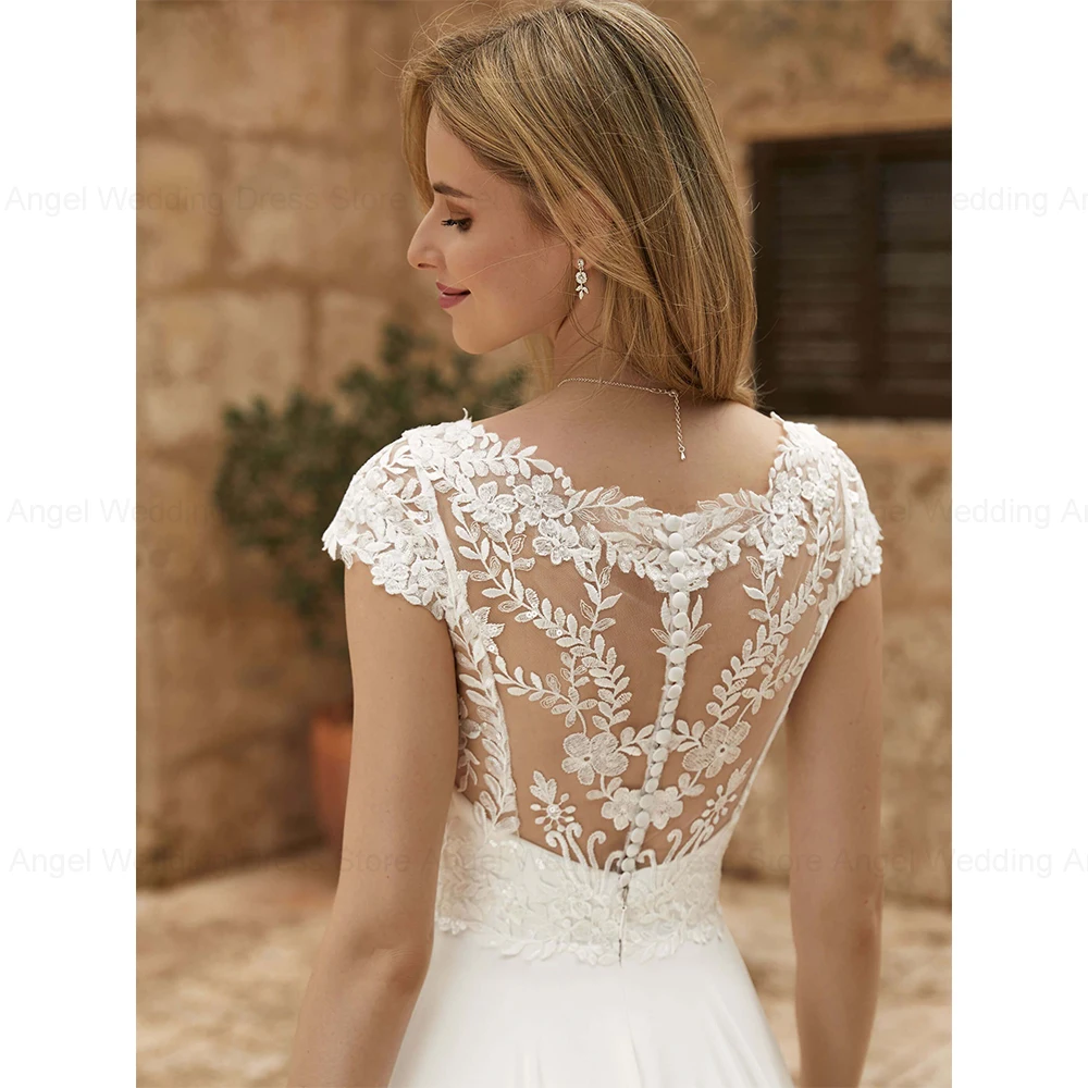 ANGEL فساتين زفاف أنيقة على شكل حرف a للنساء مخصصة من الدانتيل الوهم الخلفي كم قصير رقبة دائرية طويلة زي العرائس Vestidos De Noiva
