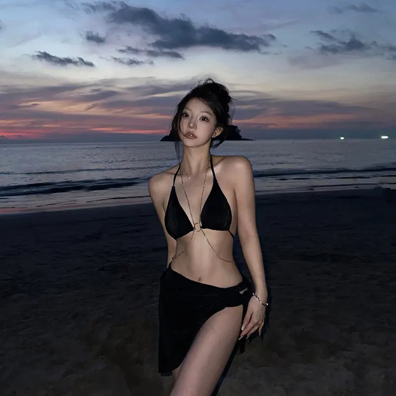 Купальники женские 2025 сексуальный комплект бикини с 3 шт./компл. купальник с лямкой на шее и цепочкой с высокой талией, горячее весеннее пляжное платье, летний костюм для девочек