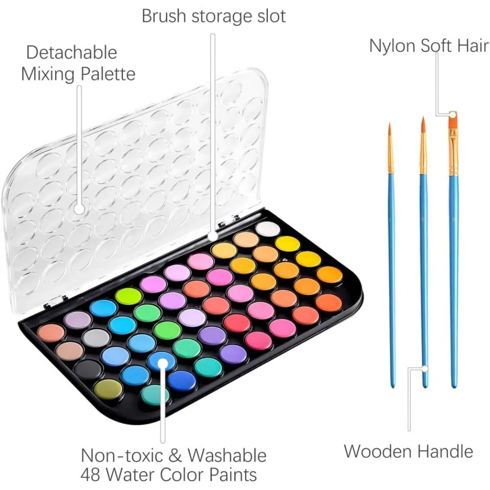 Upgraded 48-color washable watercolor paint set with 3 brushes and palettes, non-toxic paint set