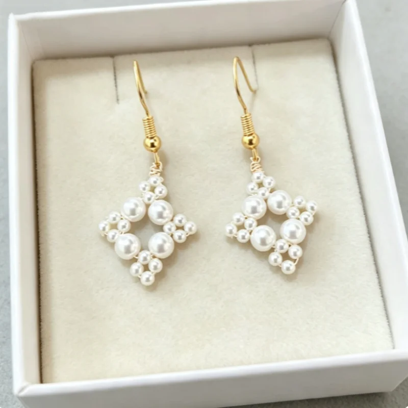 Purely Hand-Woven Geometric Earrings, Spiral Ear Hooks with Pearls Arranged into a Geometric Rhombus Shape