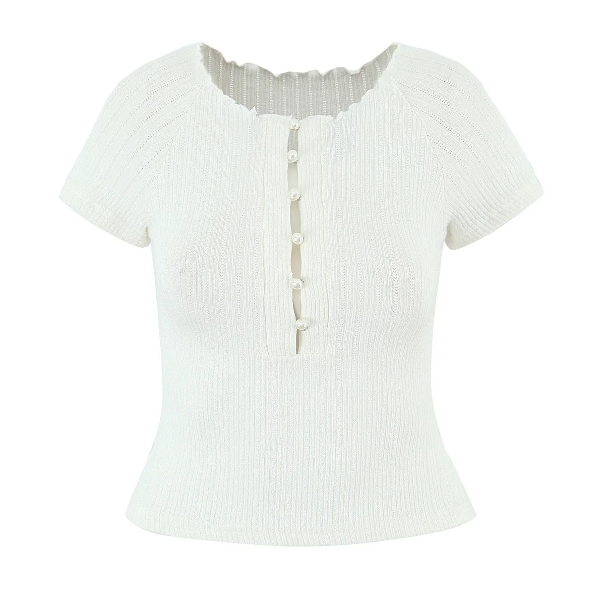 2025 Women Hollow out Through Buttons Pearl Knitted Short Sleeve Sweater Crop Pullovers Knitwear All Match Knitting Tops Jumper