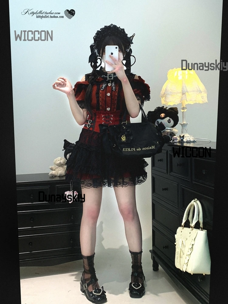 جيراي كي اليابانية Kawaii تأثيري ازياء قميص المياه أنيقة جميلة الدانتيل خط واحد قبالة الكتف أعلى حزب اليومية هالوين كوس