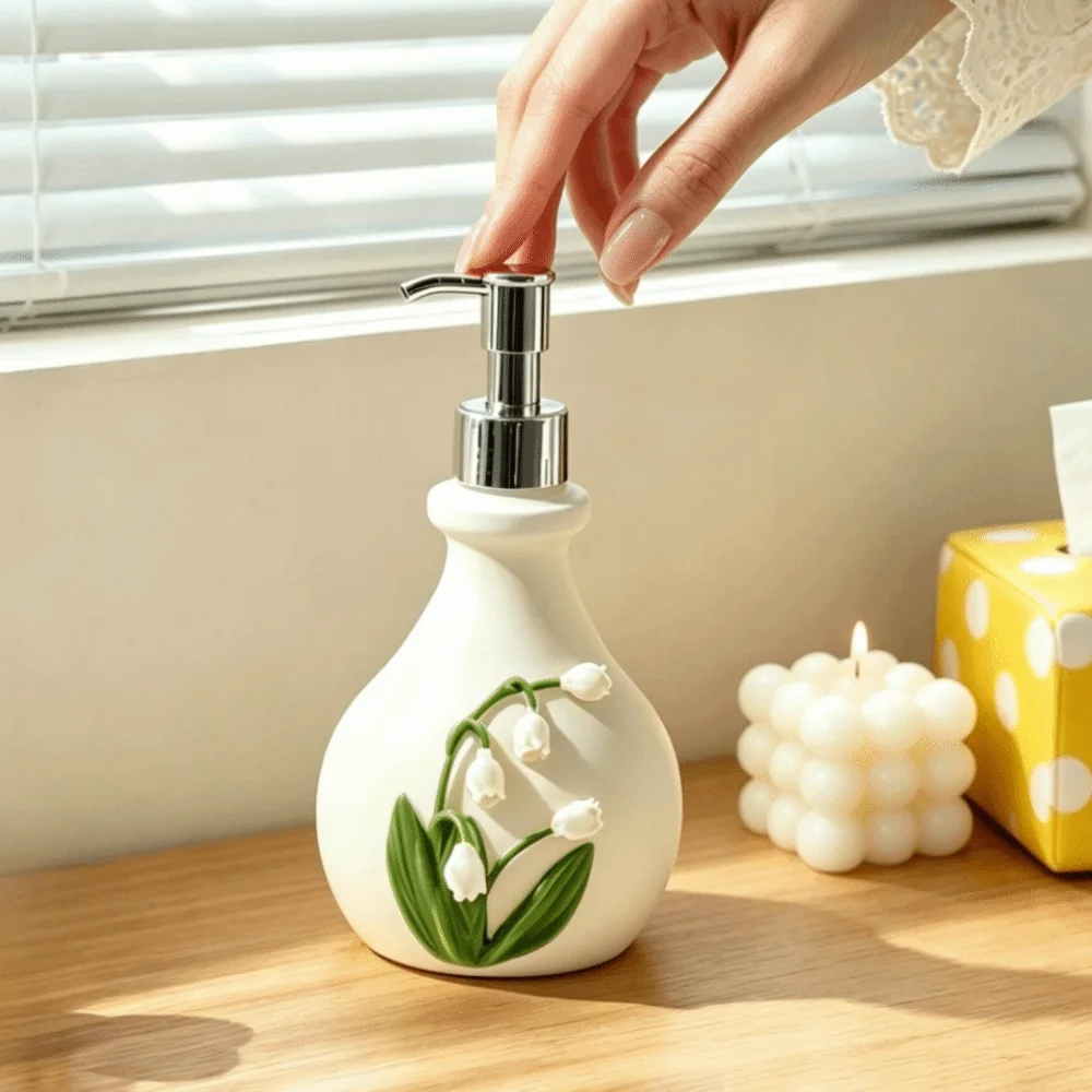 French 3D Floral Resin Soap Dispenser Freestanding Elegant Bellflower of the Valley Embossed Bottle Vintage Decor