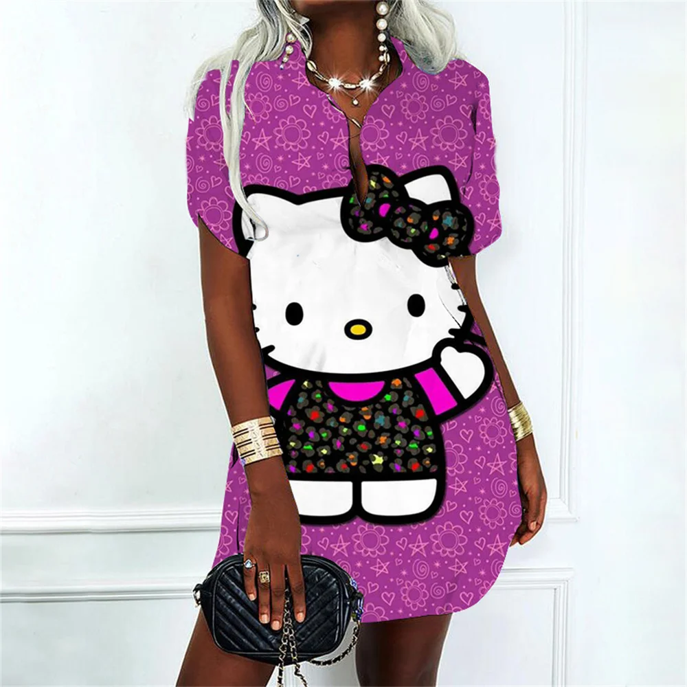 Women\'s Dress Party Dresses Hello Kitty Polo Shirt Kawaii Clothes Lovely Cartoon Prom Gown Streetwear Sexy Costume Women Fashion