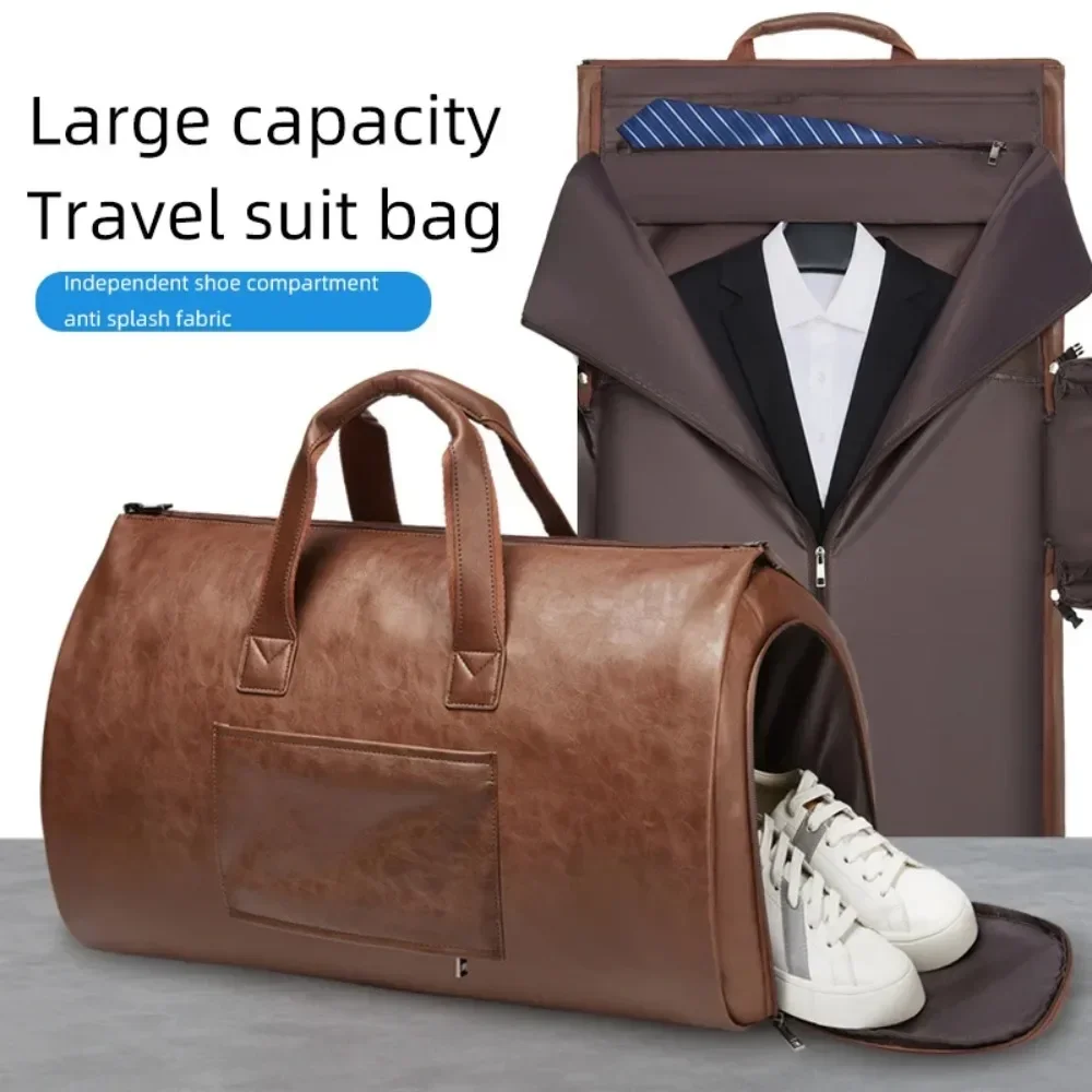 Multifunction Men Suit Storage Leather Travel Bag Large Capacity Luggage Handbag Male Waterproof Travel Duffel Bag Shoes Pocket