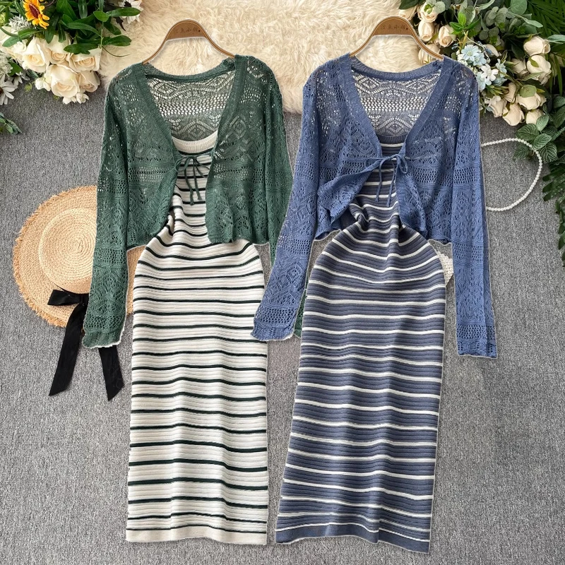 

New Summer Crochet Sweet Hit Color Patchwork Striped Spaghetti Strap Dress and V Neck Long Sleeve Short Cardigans 2 Pieces Sets