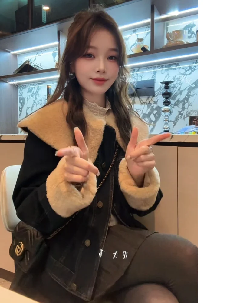 

Xuanxuanchen Autumn Winter Cotton Lined Denim Jaet Women's Faionable ort Coat Casual Loose Fit round Ne Button down