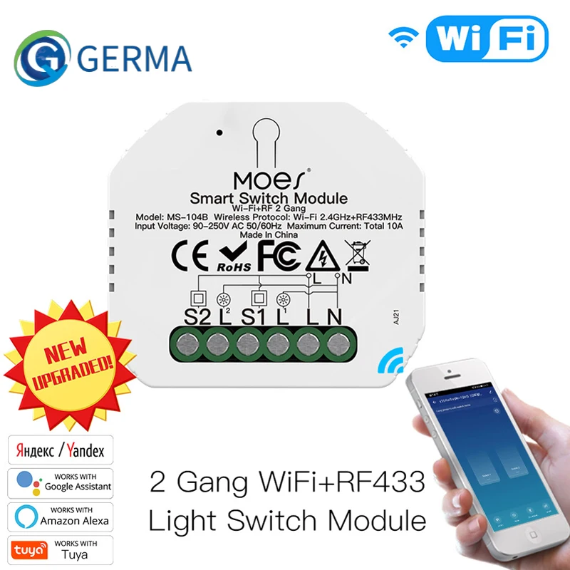 GERMA Wifi+RF433 Smart Light Switch Diy Breaker Smart Life/Tuya APP Remote Control,Work with Alexa Echo Google Home 2 Gang 2 Way