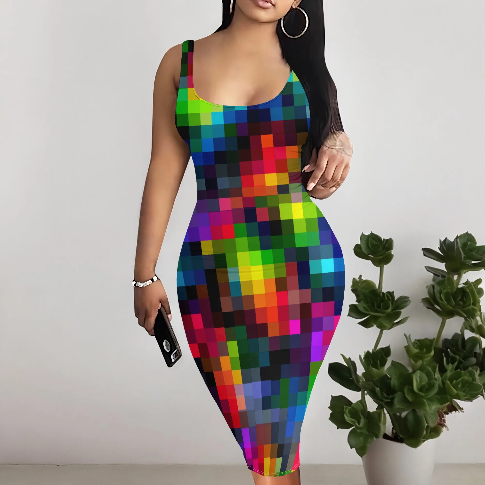 

Women's Sexy Bodycon Dress Rainbow Pixel Print Midi Dresses 2025 Summer Party Clubwear Pride Festival Outfit Plus Size S-3XL