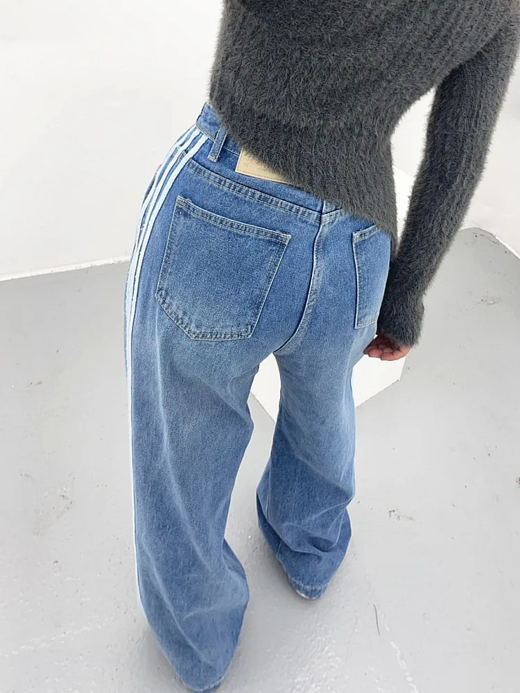 Jeans largos com listras azuis wahsed para mulheres, calças largas retas, calças jeans góticas de luxo, roupas femininas, moda coreana, Y2K, 2023