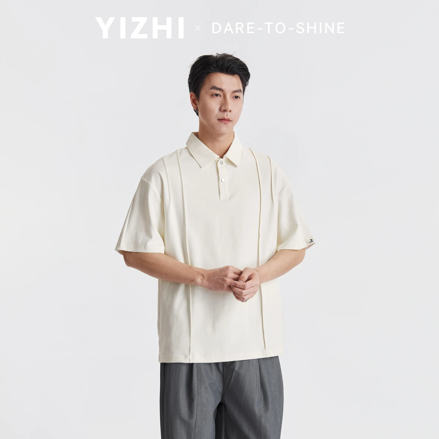 Men 3D Seam Stitching Split Design Polo Shirt Summer Loose Drop Shoulder Solid Color Collared Breathable Casual Short Sleeve Top