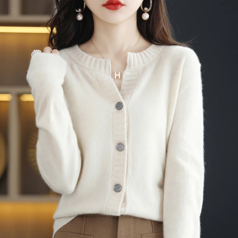 

Loose Autumn And Winter New 100% Pure Cashmere Women's Knitted Cardigan Outer Layer Sweater Round Neck Coat