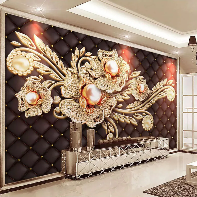 

Custom Large Mural Wallpaper 3D Black Jewel Diamond Pearl Flower European Style Living Room Bedroom TV Background Wall Painting