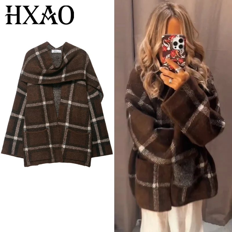 

HXAO 2025 Woman Knit Cropped Jacket Women's Jacket Plaid Scarf Oversized Long Sleeve Outerwears Big Pockets Coat Casual Jackets