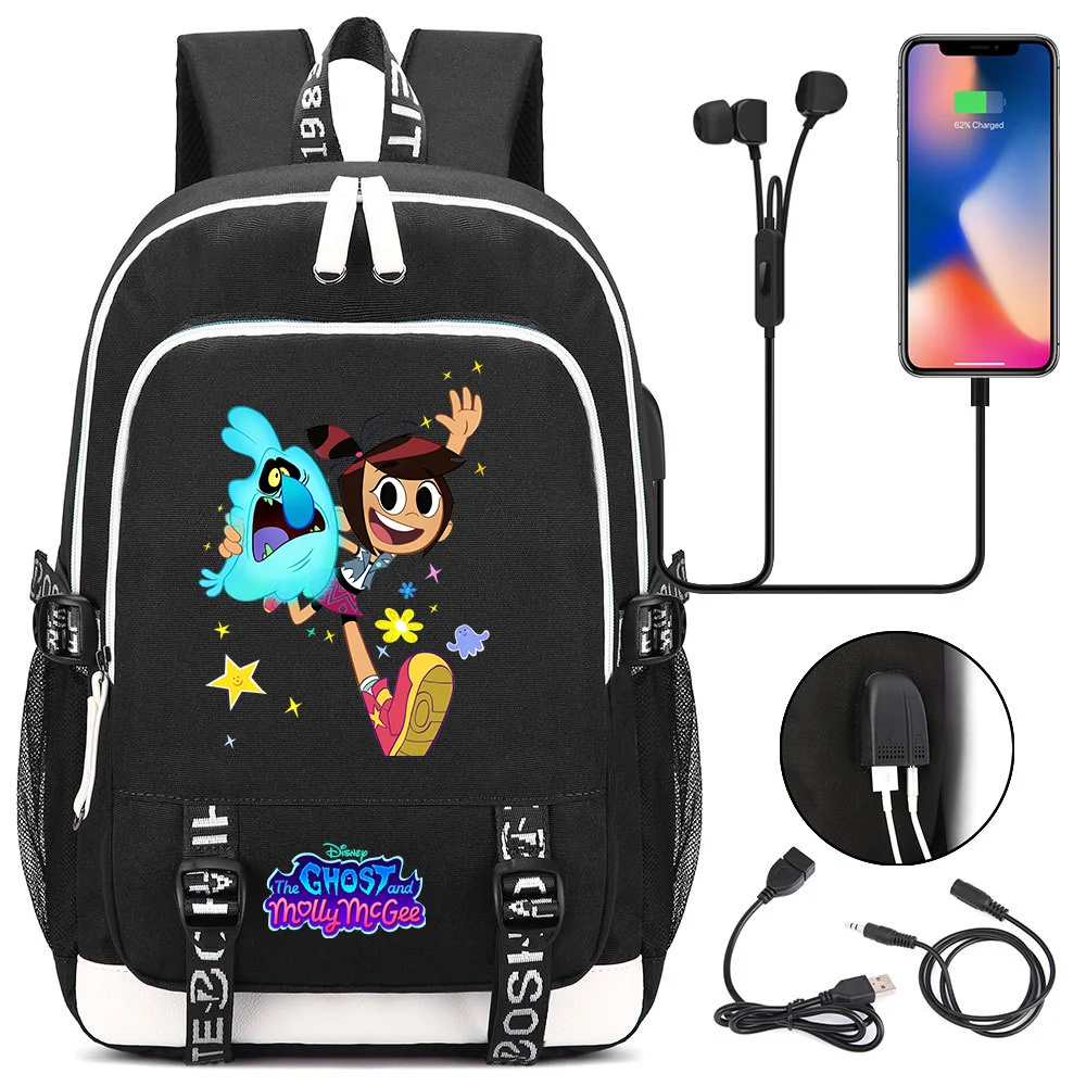 The Ghost And Molly Mcgee Laptop Backpacks Student USB Charging Backpack Famale Colorful Print Rucksack Travel Bag Mochila