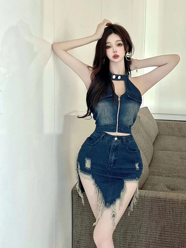 Summer Women\'s Suit Vintage Denim Two Piece Set Halter Backless Sexy Crop Top And Hole Mini Skirt 2 Piece Sets Womens Outfits