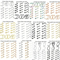 21pcs/lot 20G Stainless Steel Nose Ring  Stud Set  Heart Crystal Nose Piercing Screw L Shape Nostril Hoop Nose Body Jewelry