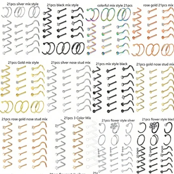 21 개/몫 20G 스테인레스 스틸 코 링 스터드 세트 하트 크리스탈 코 피어싱 나사 L 모양 콧 구멍 후프 코 바디 쥬얼리