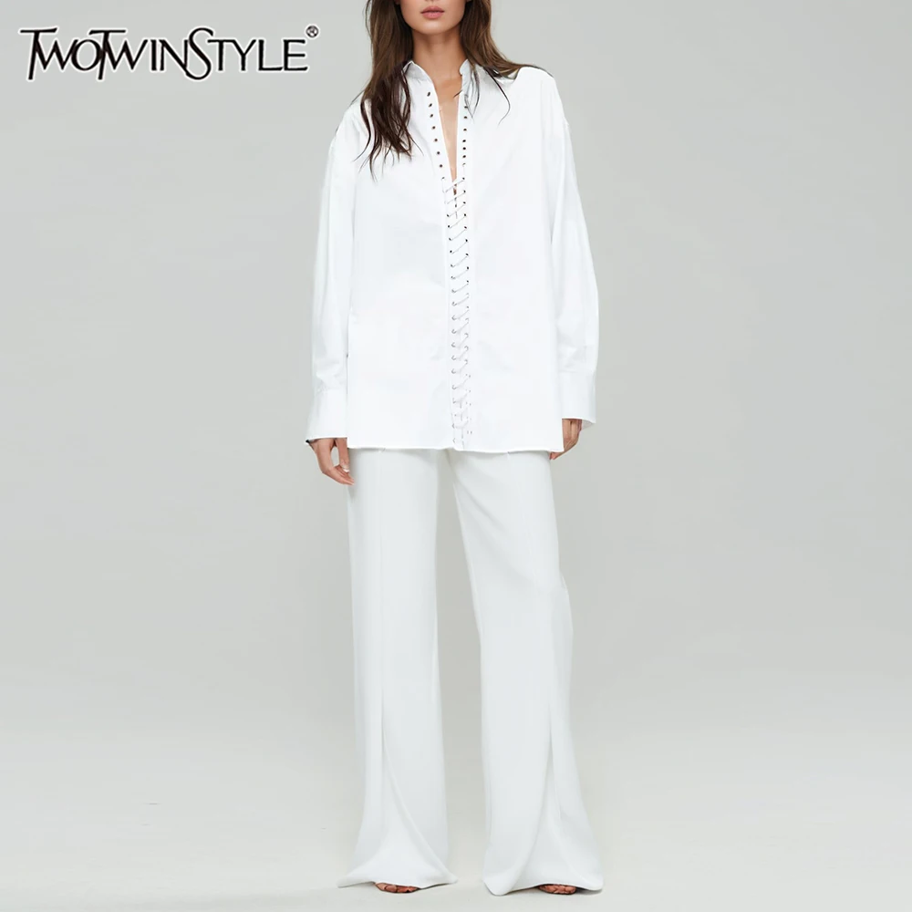 

TWOTWINSTYLE Solid Spliced Lace Up Casualo Blouses for Women Lapel Long Sleeves Minimalist Blouse Female Fashion Clothing New