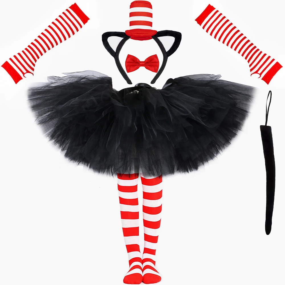 Dr. Seuss Cat in The Hat Tutu Skirt Costume Girls Halloween Carnival Party Clothes Set Kids Black Cat Tutu Girls Tulle Skirts