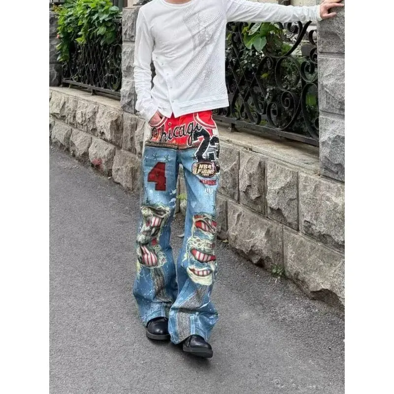 Fashionable Print Trendy Men's Jeans American Style Jeans Big Size Heavy Sticker Fabric Wide Leg Mopping High Waisted Jeans