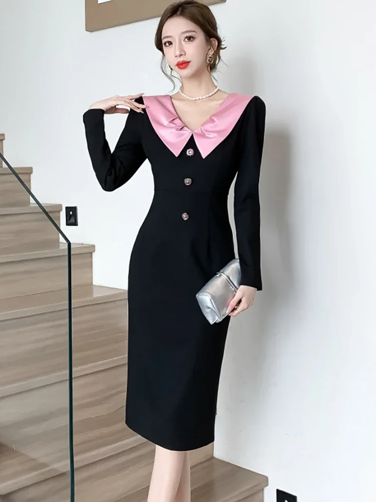 Autumn Winter Black Patchowrk Pink Doll Collar Long Dress Women Korean Vintage Hepburn Dress 2024 Elegant Bodycon Evening Dress