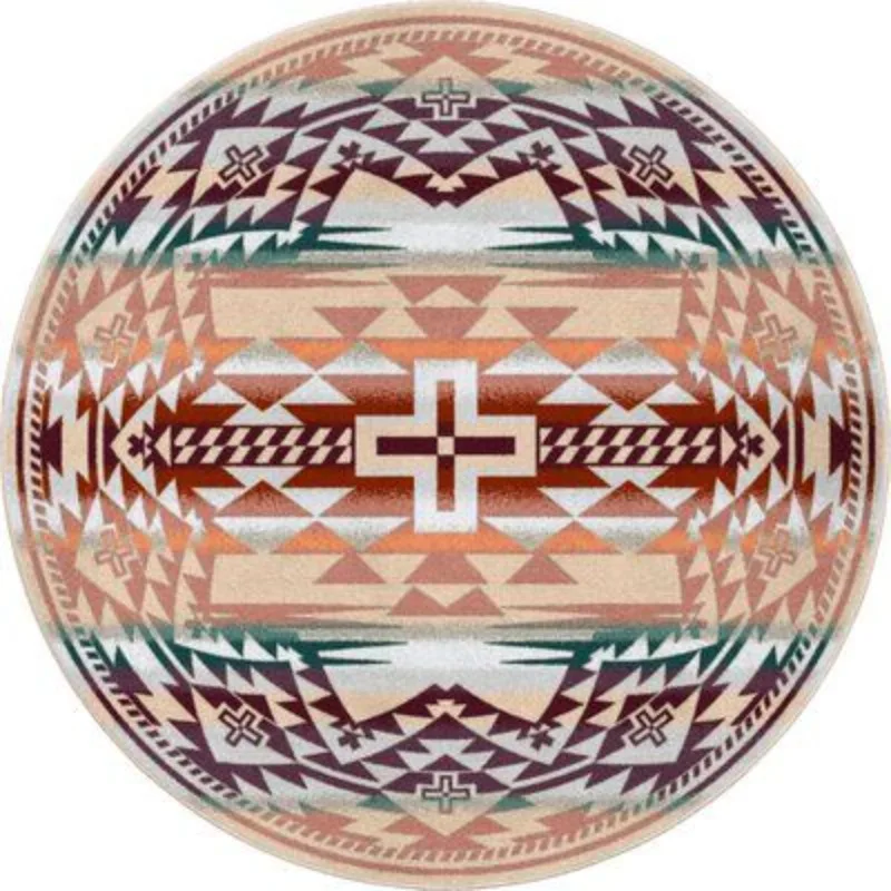 Circular Floor Rug Tribal Native Geometric Pattern Earth Tone Non Slip Washable Ground Blanket for Bedroom Bedside Armchair