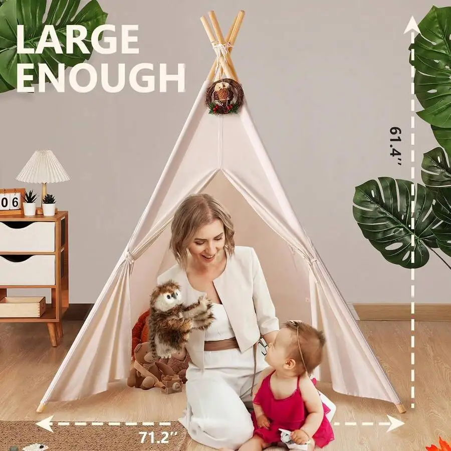 Teepee Tent For Kids With Carry Case, Natural Canvas Teepee Play Tent, Toys For Toddler Girls Boys Indoor Outdoor Playing (Mat N