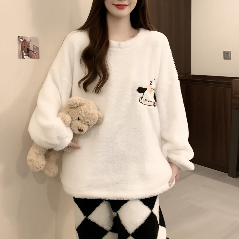 

Sanrio Pochacco Women's Coral Fleece Flannel Pajamas Set Winter Autumn Thickened Plush Warm Cozy Round Neck Home Sleepwear