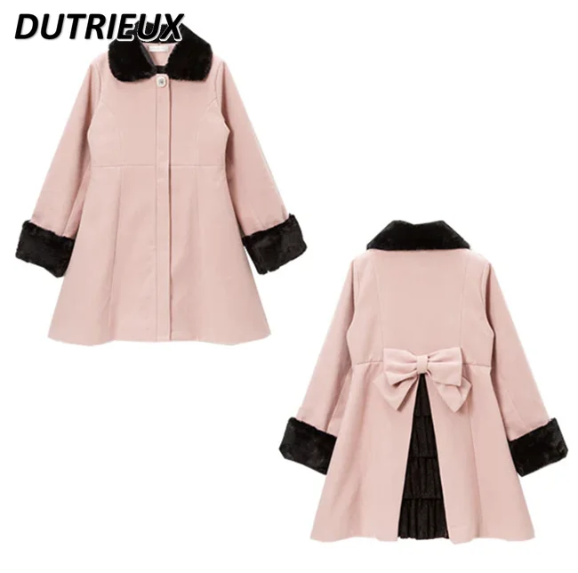 2023 New Fall Winter New Cute Japanese Style Woolen Coats Women Lolita Long Coat Warm Bow Mid-Length Lace Stitching Trench Coat