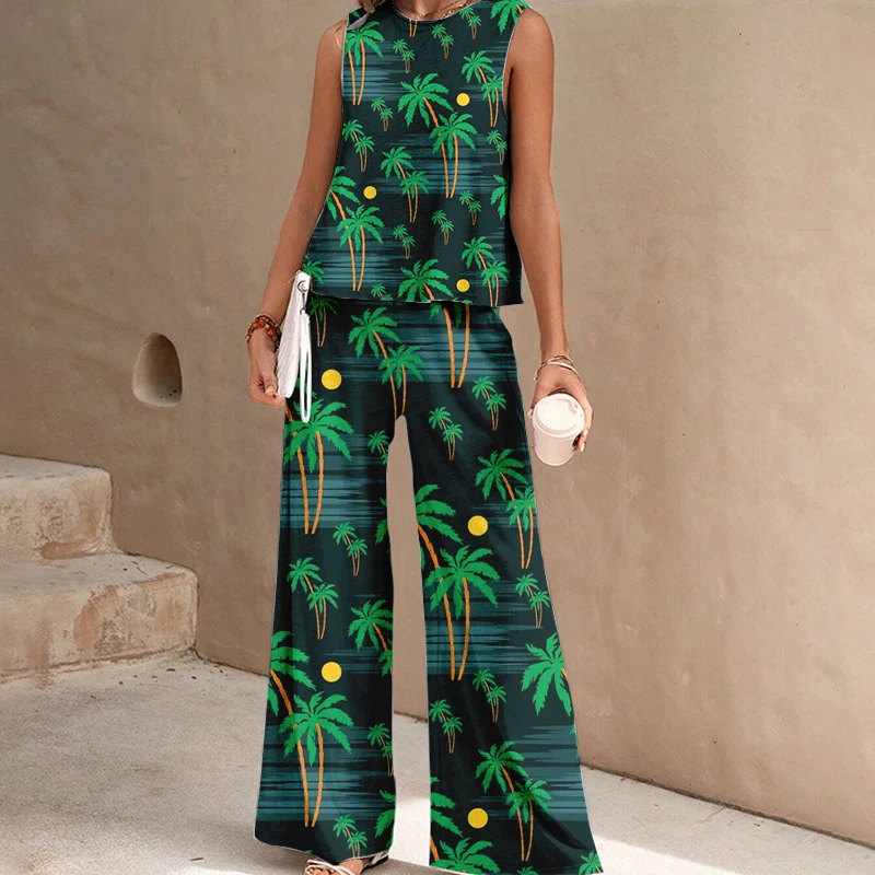 New Summer Fashion Women's Trouser Suit Sleeveless Top Printed Vest And Pants Hawaiian Style Casual Vacation Style Women's Suit